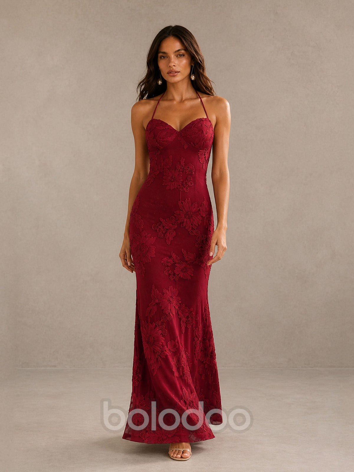 BOLODOO BD0257 burgundy halter sweetheart maxi dress - back view showcasing deep lace-up open back with criss-cross tie detail | BOLODOO watermark
