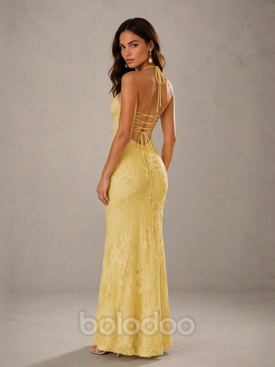 BOLODOO BD0257 yellow gold tonal floral embroidered halter mermaid maxi dress - full length front view walking pose showing skirt movement | BOLODOO watermark