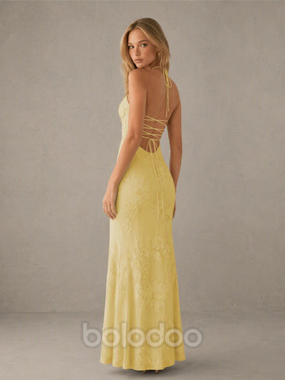 BOLODOO BD0257 lemon yellow tonal floral embroidered halter mermaid maxi dress - full length front view alternate model | BOLODOO watermark