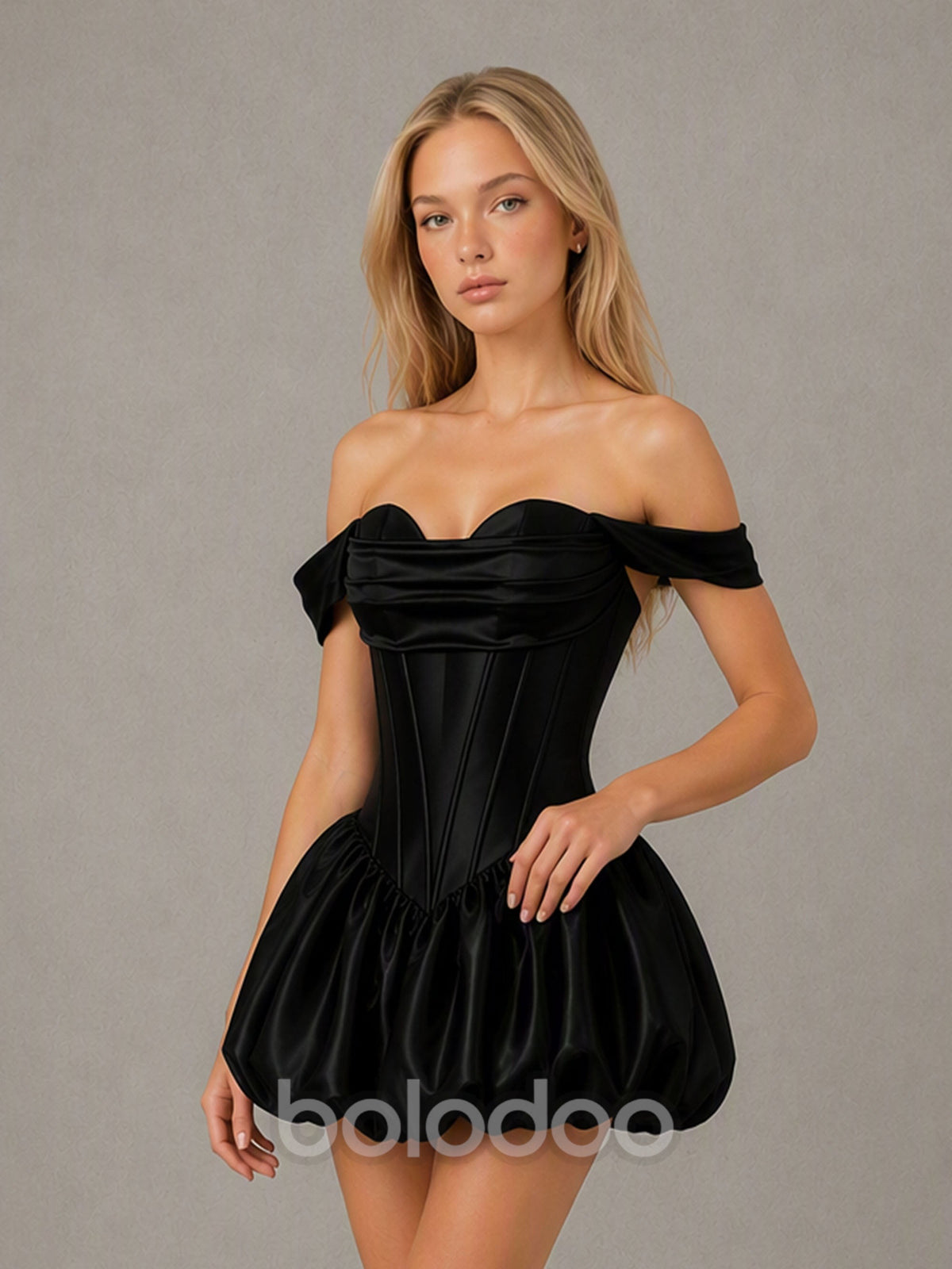 BOLODOO Black Satin Corset Bubble Mini Dress - Full Length Front View | BOLODOO watermark