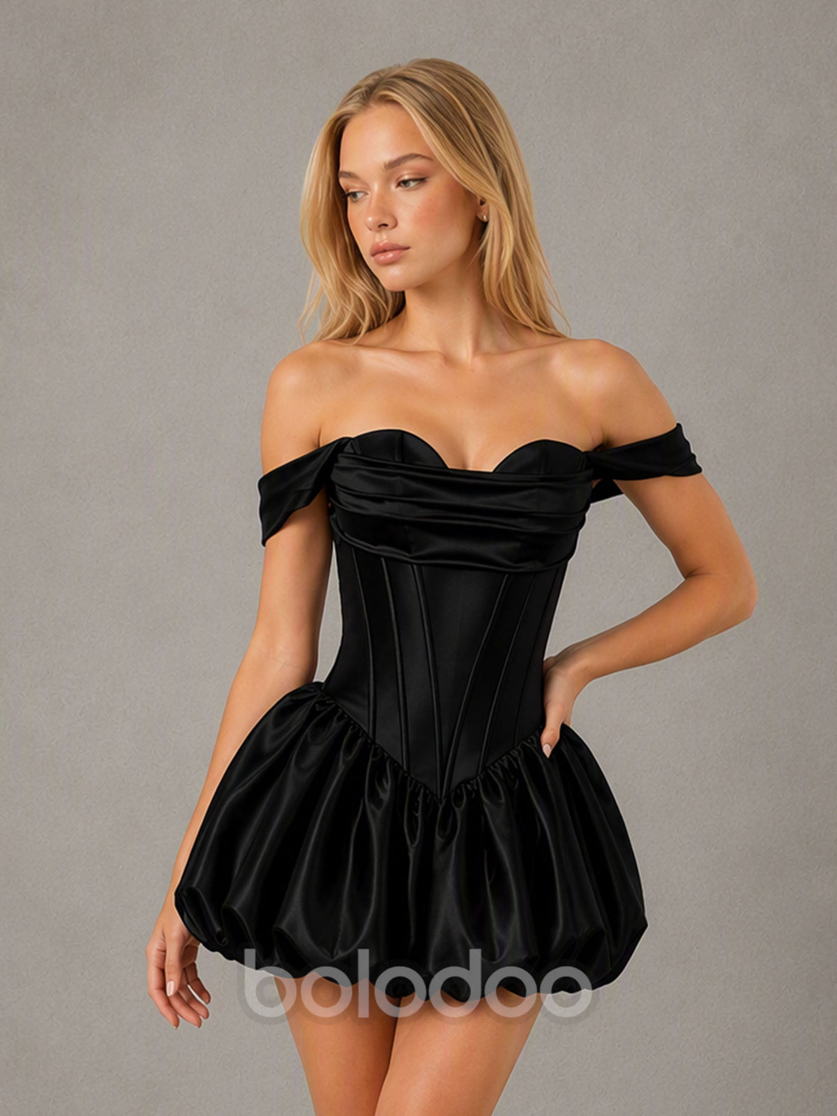 BOLODOO Black Satin Corset Bubble Mini Dress - Three Quarter Side View | BOLODOO watermark