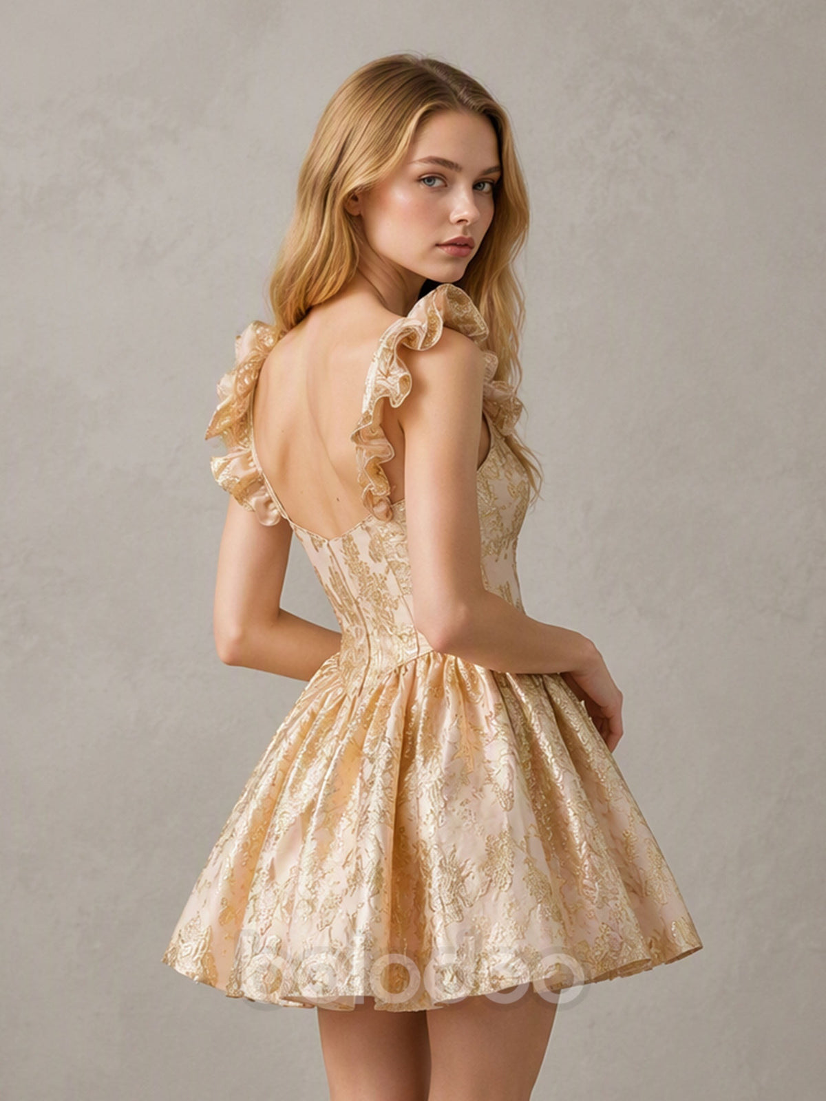 BOLODOO BD0567 gold jacquard ruffle strap mini dress - front full-length view showing sweetheart neckline and A-line skirt | BOLODOO watermark