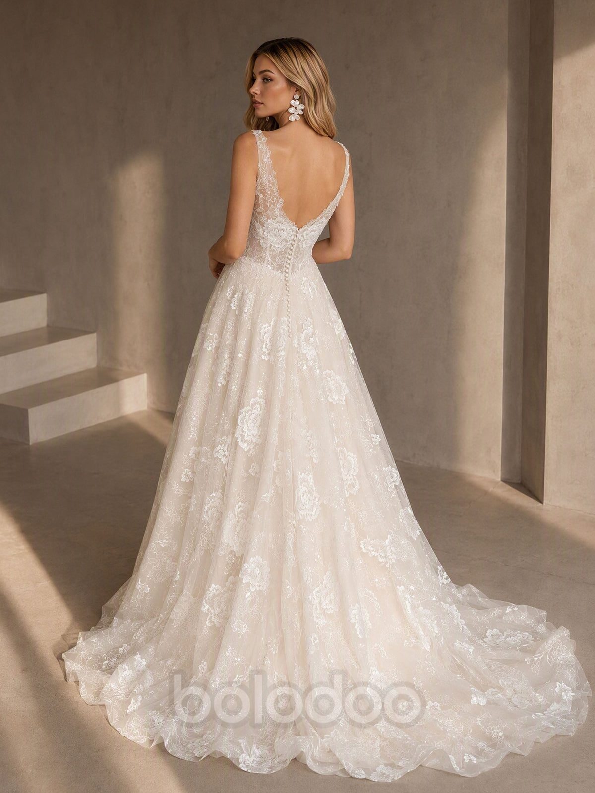 BOLODOO BD0581 Ivory Glitter Tulle Lace A-Line Wedding Dress - Deep V Open Back and Cathedral Train Detail View | BOLODOO watermark