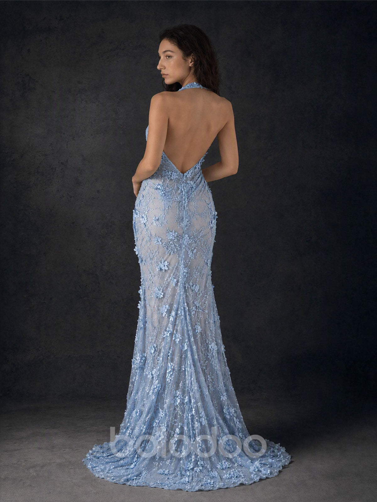 BOLODOO BD0169 Light Blue 3D Floral Lace Halter Mermaid Gown Cowl Neck Open Back High Slit - Front Full Length View | BOLODOO watermark