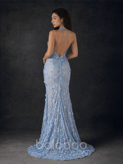 BOLODOO BD0169 Light Blue 3D Floral Lace Halter Mermaid Gown Cowl Neck Open Back High Slit - Front Full Length View | BOLODOO watermark