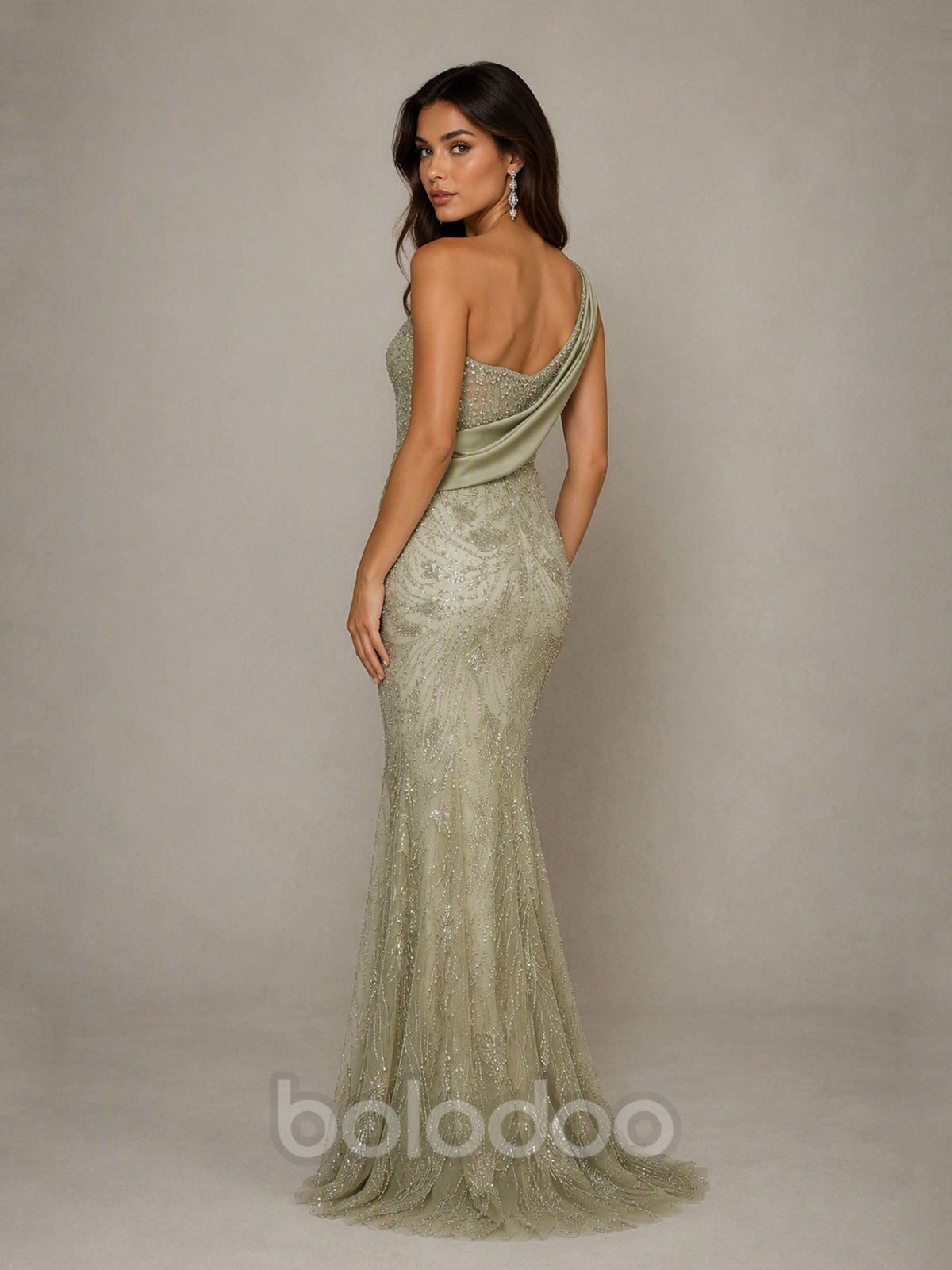 BOLODOO BD0584 Sage Green One-Shoulder Sweetheart Sequin Mermaid Gown - Front Full Length Second Angle View | BOLODOO watermark