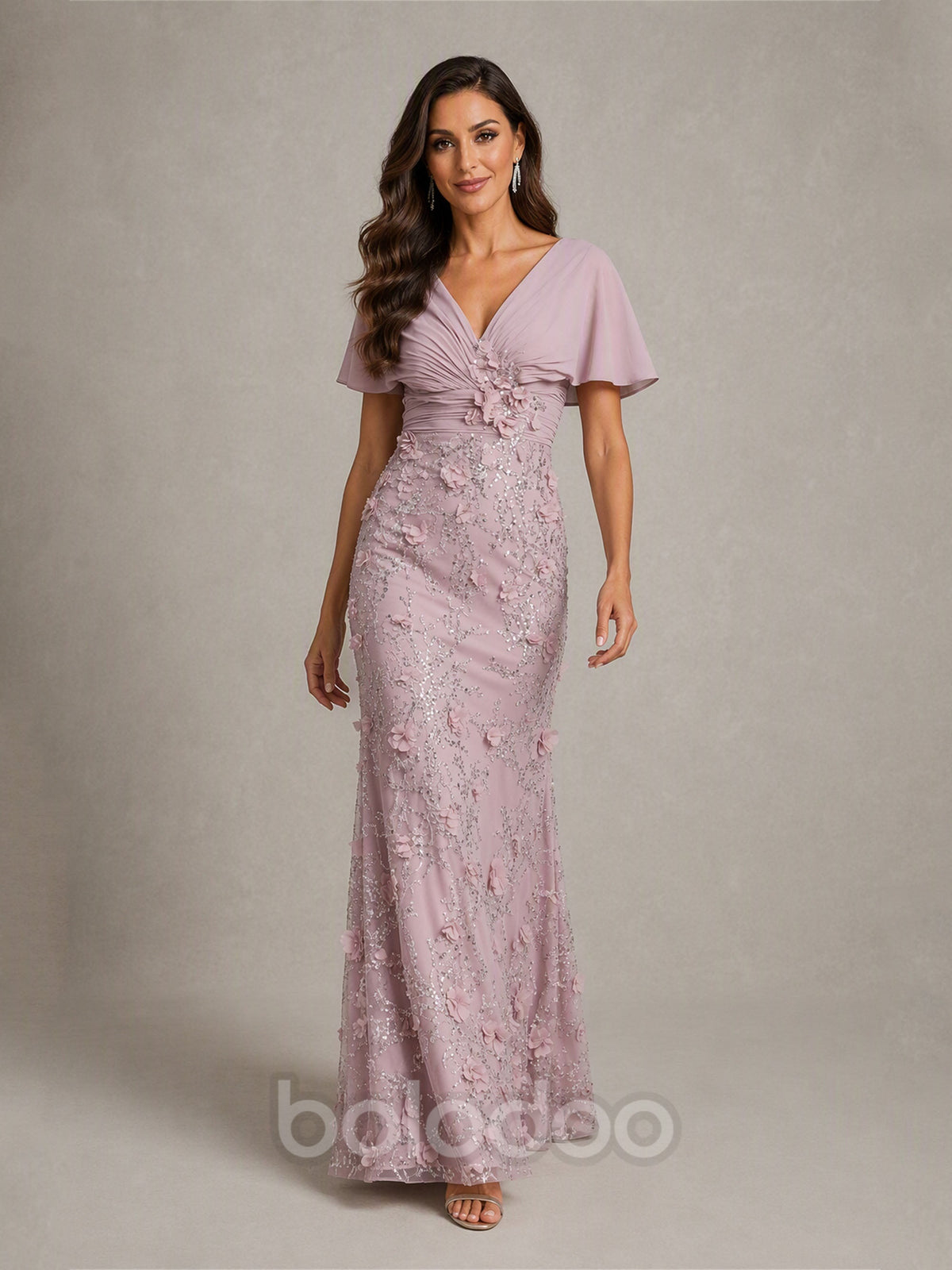BOLODOO BD0585 Lavender V-Neck Flutter Sleeve 3D Floral Lace Sequin Mermaid Gown - Back View Ruched Chiffon Detail | BOLODOO watermark