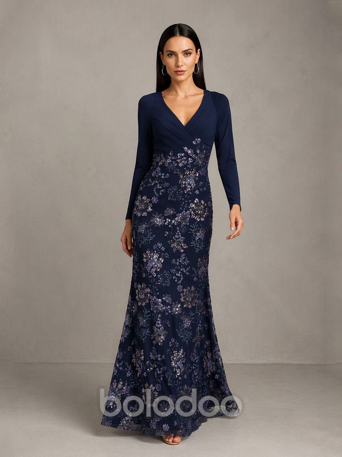BOLODOO BD0587 Navy Blue Long Sleeve V-Neck Wrap Bodice Floral Sequin Mermaid Gown - Front Full Length View | BOLODOO watermark