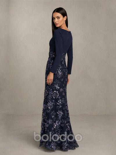 BOLODOO BD0587 Navy Blue Long Sleeve V-Neck Wrap Bodice Floral Sequin Mermaid Gown - Front Full Length Third Angle View | BOLODOO watermark