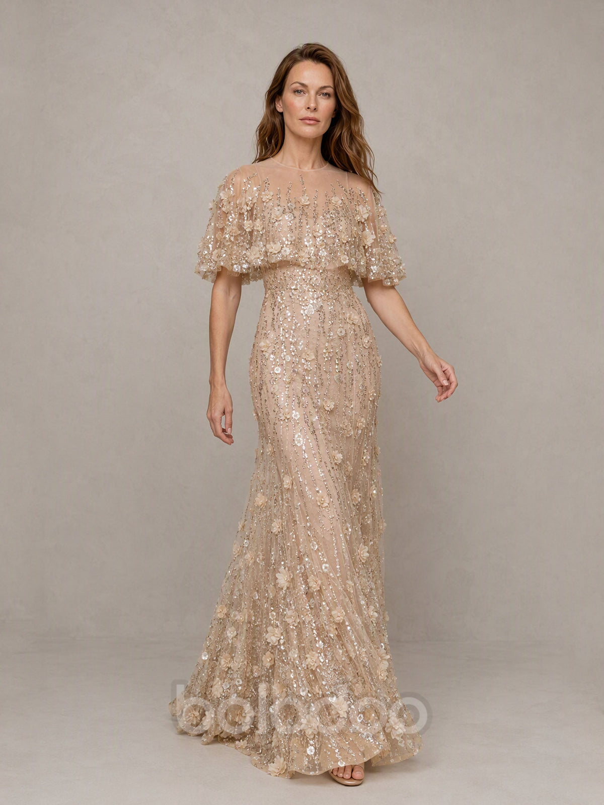 BOLODOO BD0588 Champagne Gold Illusion Neckline Flutter Cape Sleeve 3D Floral Lace Sequin Mermaid Gown - Front Side Full Length View | BOLODOO watermark
