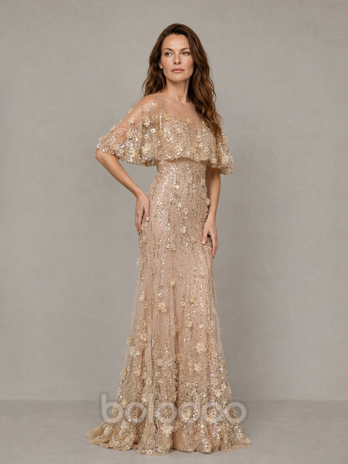BOLODOO BD0588 Champagne Gold Illusion Neckline Flutter Cape Sleeve 3D Floral Lace Sequin Mermaid Gown - Front Full Length Third Angle View | BOLODOO watermark
