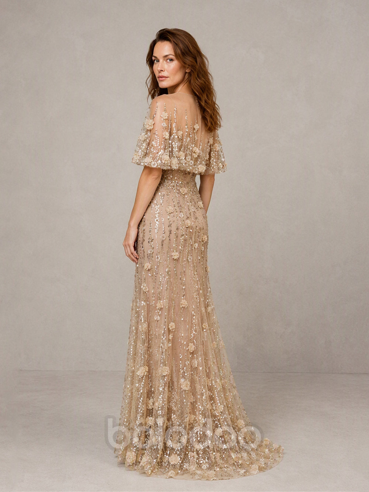 BOLODOO BD0588 Champagne Gold Illusion Neckline Flutter Cape Sleeve 3D Floral Lace Sequin Mermaid Gown - Back Side Illusion Back and Sweep Train View | BOLODOO watermark