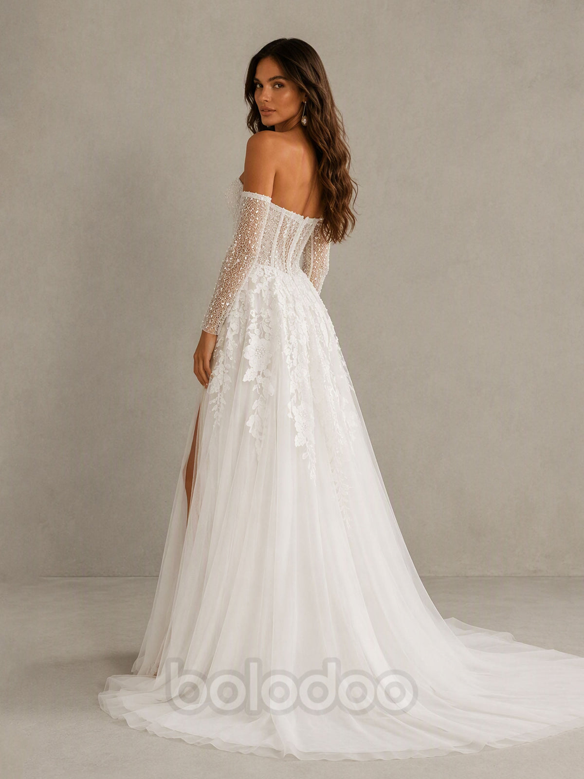 BOLODOO BD0589 Ivory Off-the-Shoulder Sweetheart Illusion Long Sleeve Corset Wedding Dress - Open Corset Back and Cathedral Train Side View | BOLODOO watermark