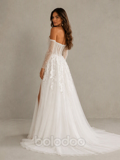 BOLODOO BD0589 Ivory Off-the-Shoulder Sweetheart Illusion Long Sleeve Corset Wedding Dress - Open Corset Back and Cathedral Train Side View | BOLODOO watermark