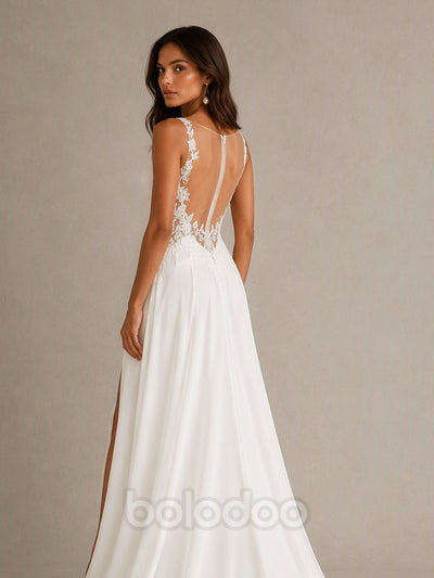 BOLODOO BD0590 Ivory Spaghetti Strap Deep V Illusion Lace Corset Wedding Dress - Front Full Length Corset Bodice Detail View | BOLODOO watermark