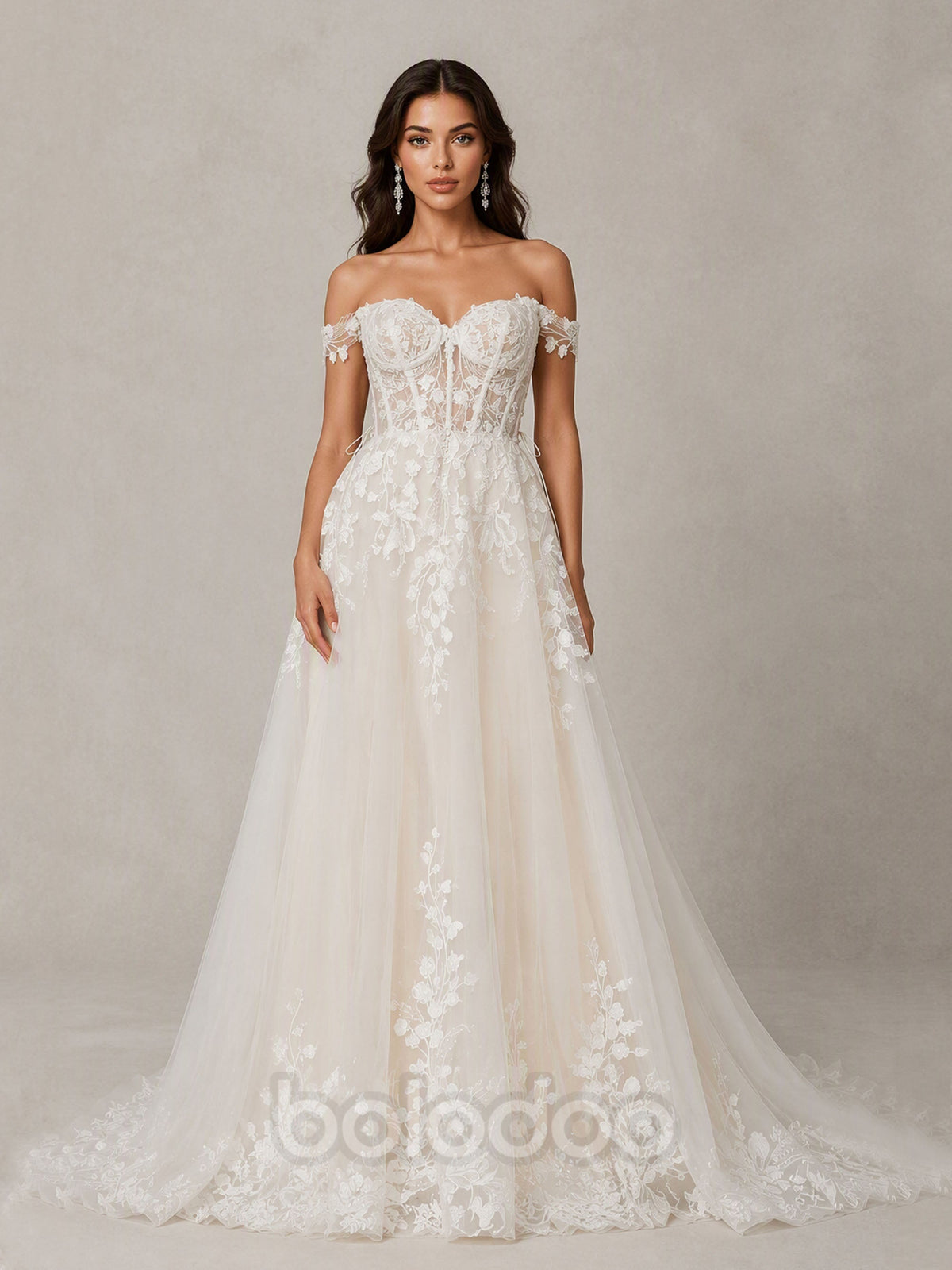 BOLODOO BD0591 Ivory Off-the-Shoulder Sweetheart Illusion Corset 3D Leaf Lace Tulle Ball Gown Wedding Dress - Front Full Length View | BOLODOO watermark