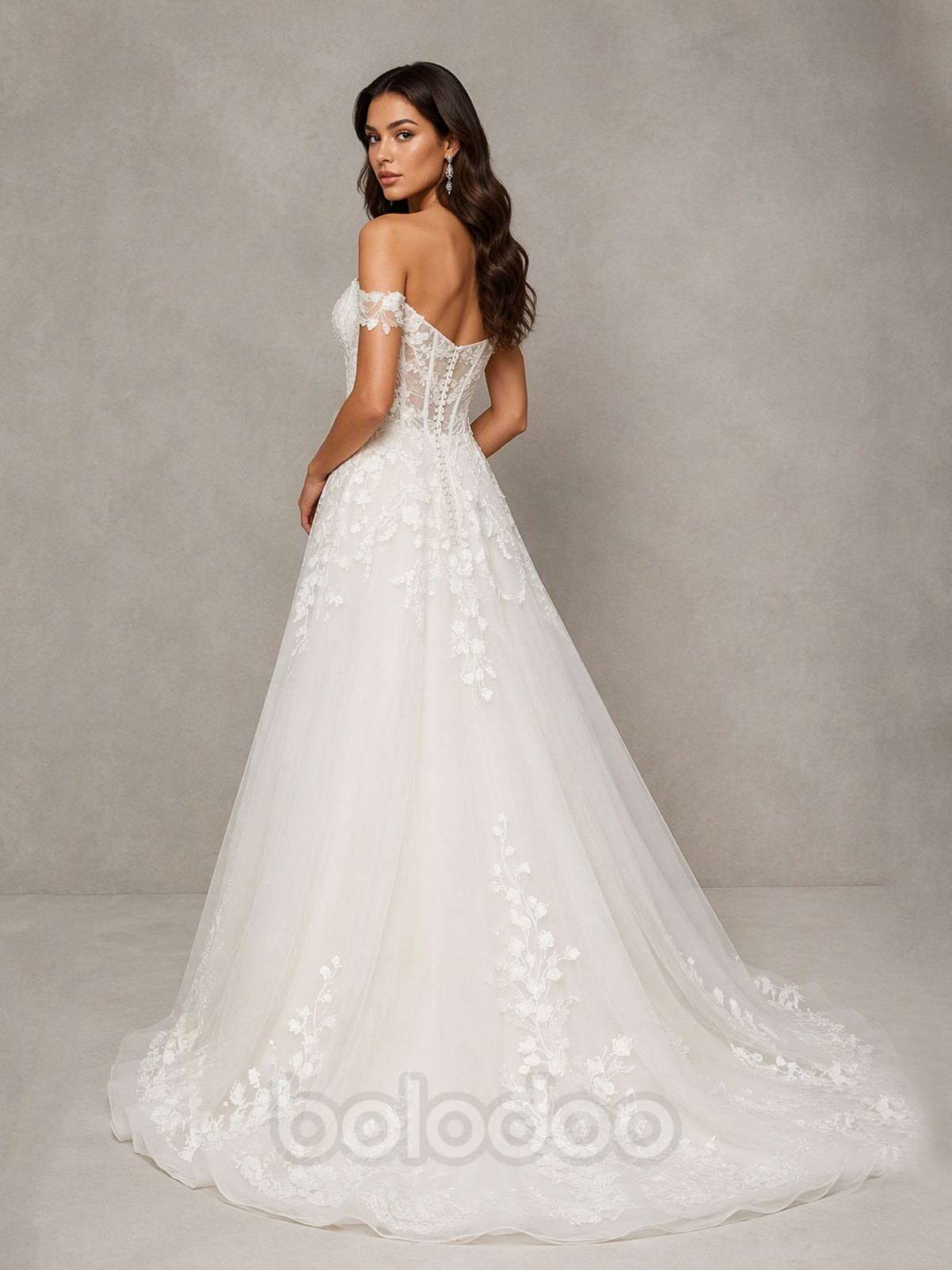 BOLODOO BD0591 Ivory Off-the-Shoulder Sweetheart Illusion Corset 3D Leaf Lace Tulle Ball Gown Wedding Dress - Front Full Length Second Angle View | BOLODOO watermark