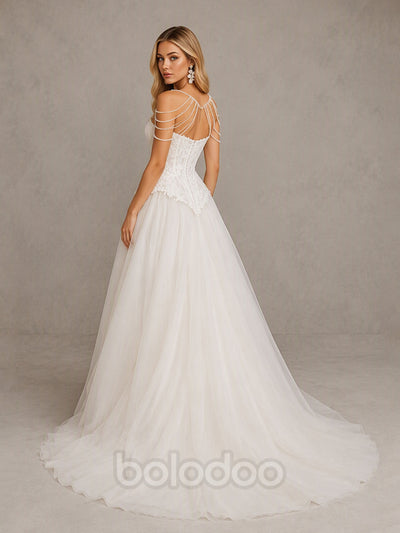 BOLODOO BD0592 Ivory Pearl Chain Illusion High Neck Corset Peplum Wedding Dress - Side Profile Cathedral Train View | BOLODOO watermark
