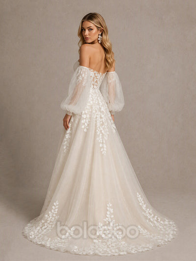 BOLODOO BD0593 Ivory Off-the-Shoulder Sweetheart Puff Long Sleeve Illusion Corset Wedding Dress - Front Full Length Leaf Lace Detail View | BOLODOO watermark