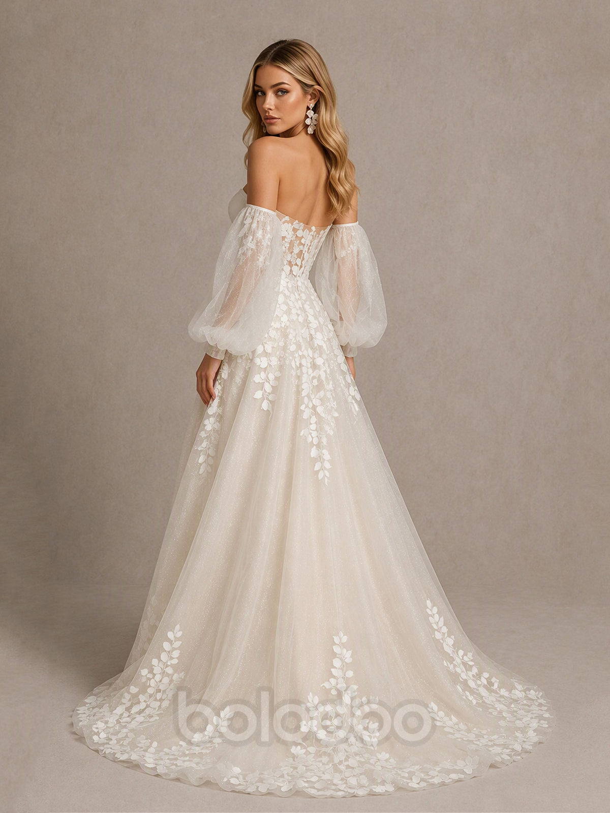 BOLODOO BD0593 Ivory Off-the-Shoulder Sweetheart Puff Long Sleeve Illusion Corset Wedding Dress - Front Full Length Leaf Lace Detail View | BOLODOO watermark