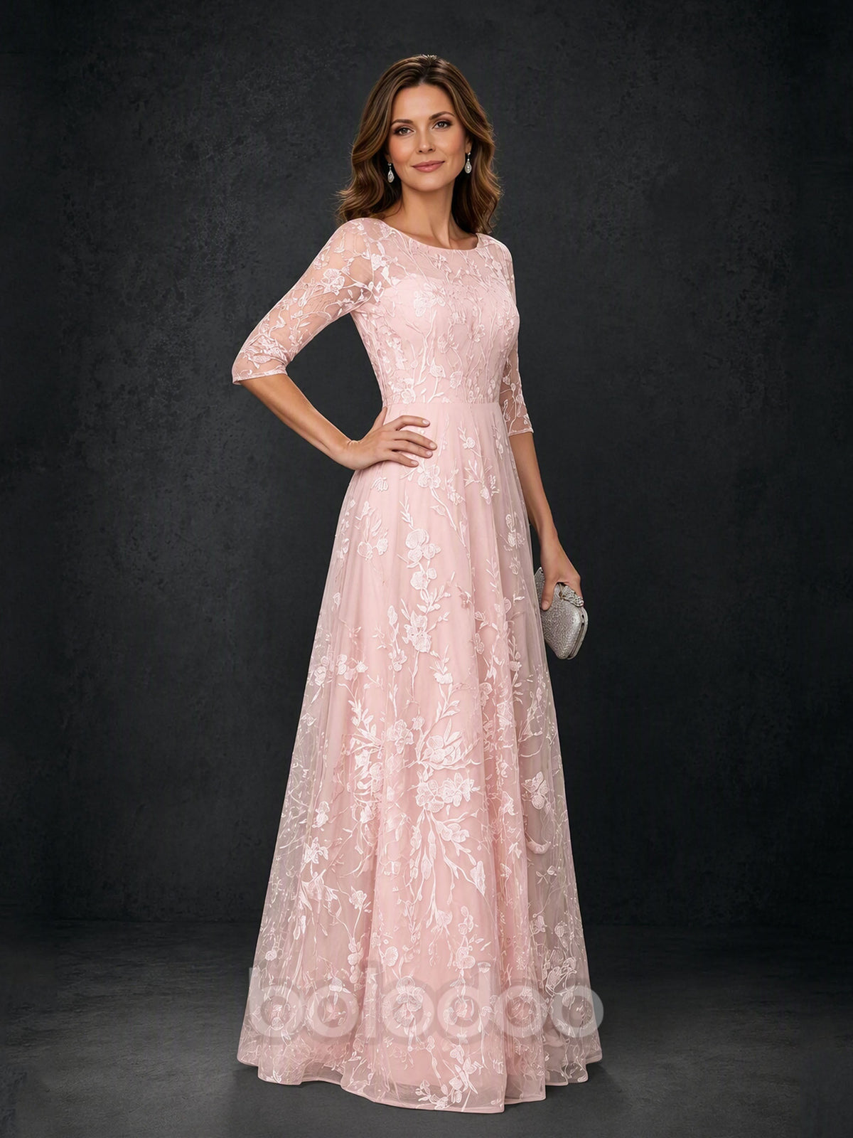 BOLODOO MX007 Blush Pink Illusion Bateau Neck 3/4 Sleeve Floral Vine Lace A-Line Mother of the Bride Dress Low V-Back - Front Full Length View | BOLODOO watermark