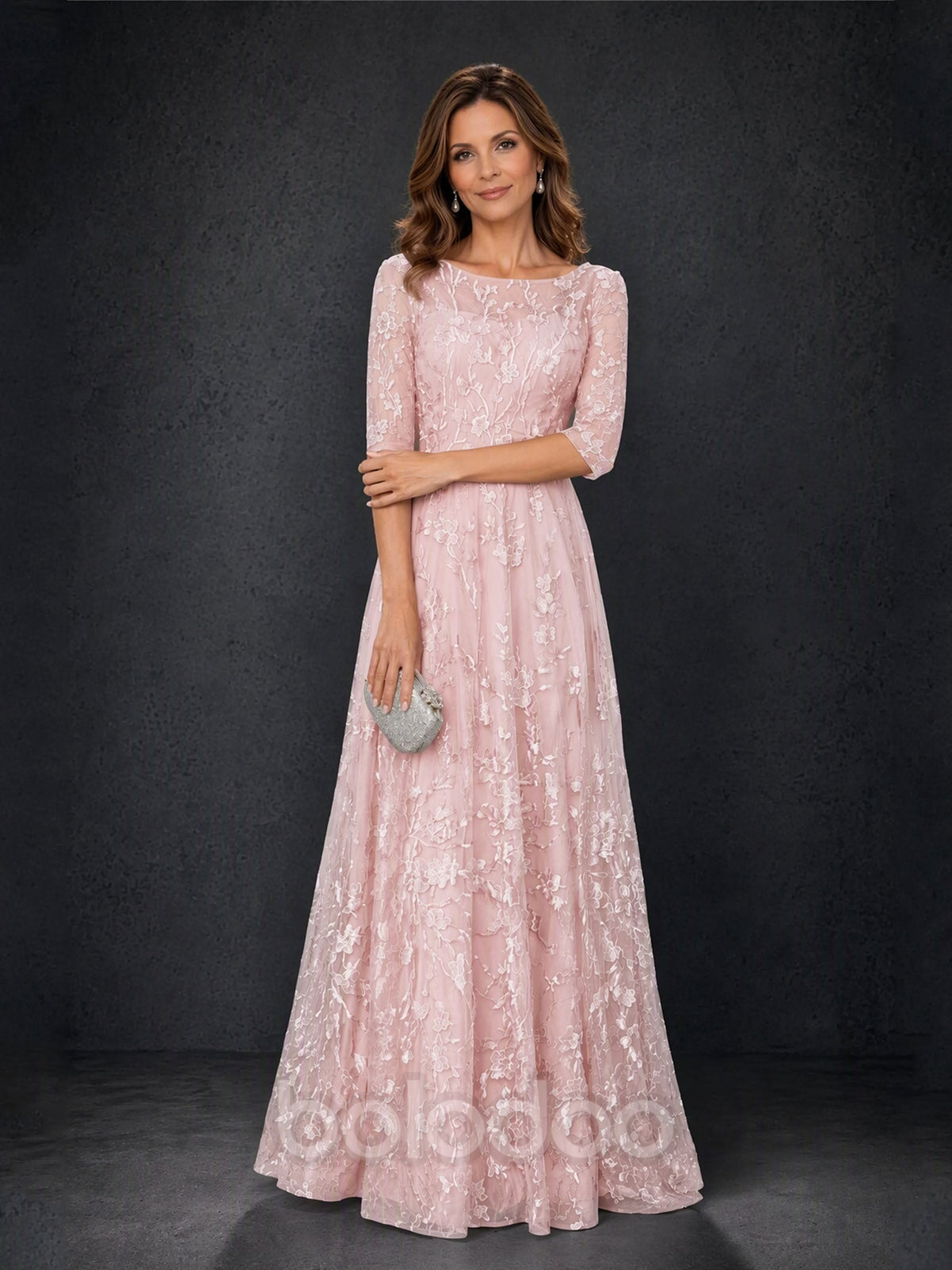 BOLODOO MX007 Blush Pink Illusion Bateau Neck 3/4 Sleeve Floral Vine Lace A-Line Mother of the Bride Dress - Front Side Angle View | BOLODOO watermark