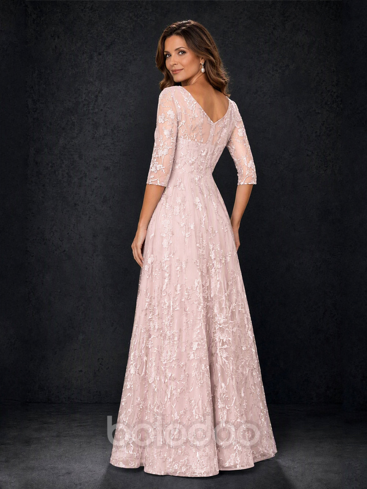 BOLODOO MX007 Blush Pink Illusion Bateau Neck 3/4 Sleeve Floral Vine Lace A-Line Mother of the Bride Dress - Front Full Length Third Angle View | BOLODOO watermark