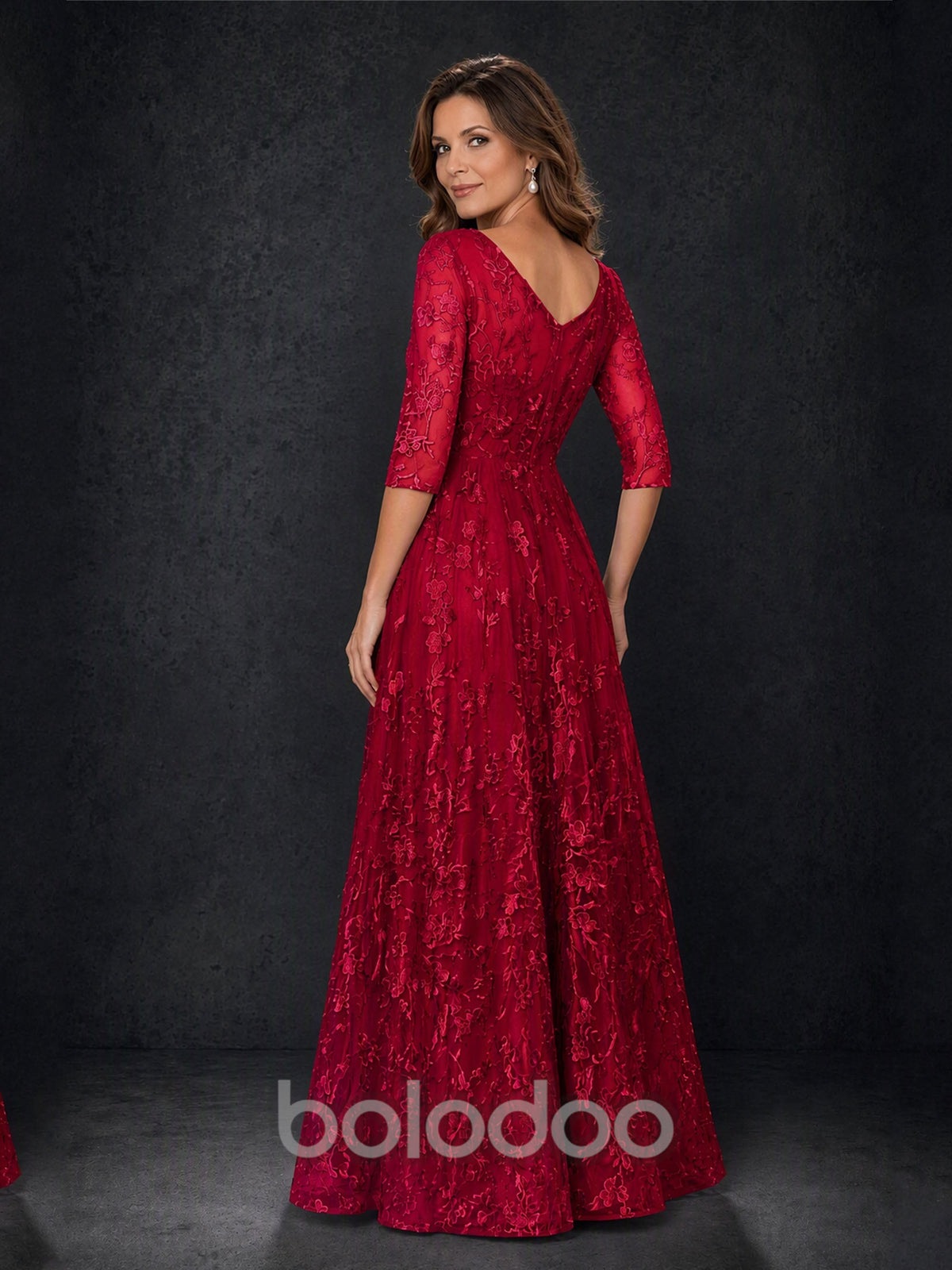 BOLODOO MX007 Burgundy Illusion Bateau Neck 3/4 Sleeve Floral Vine Lace A-Line Mother of the Bride Dress - Front Full Length Third Angle View | BOLODOO watermark