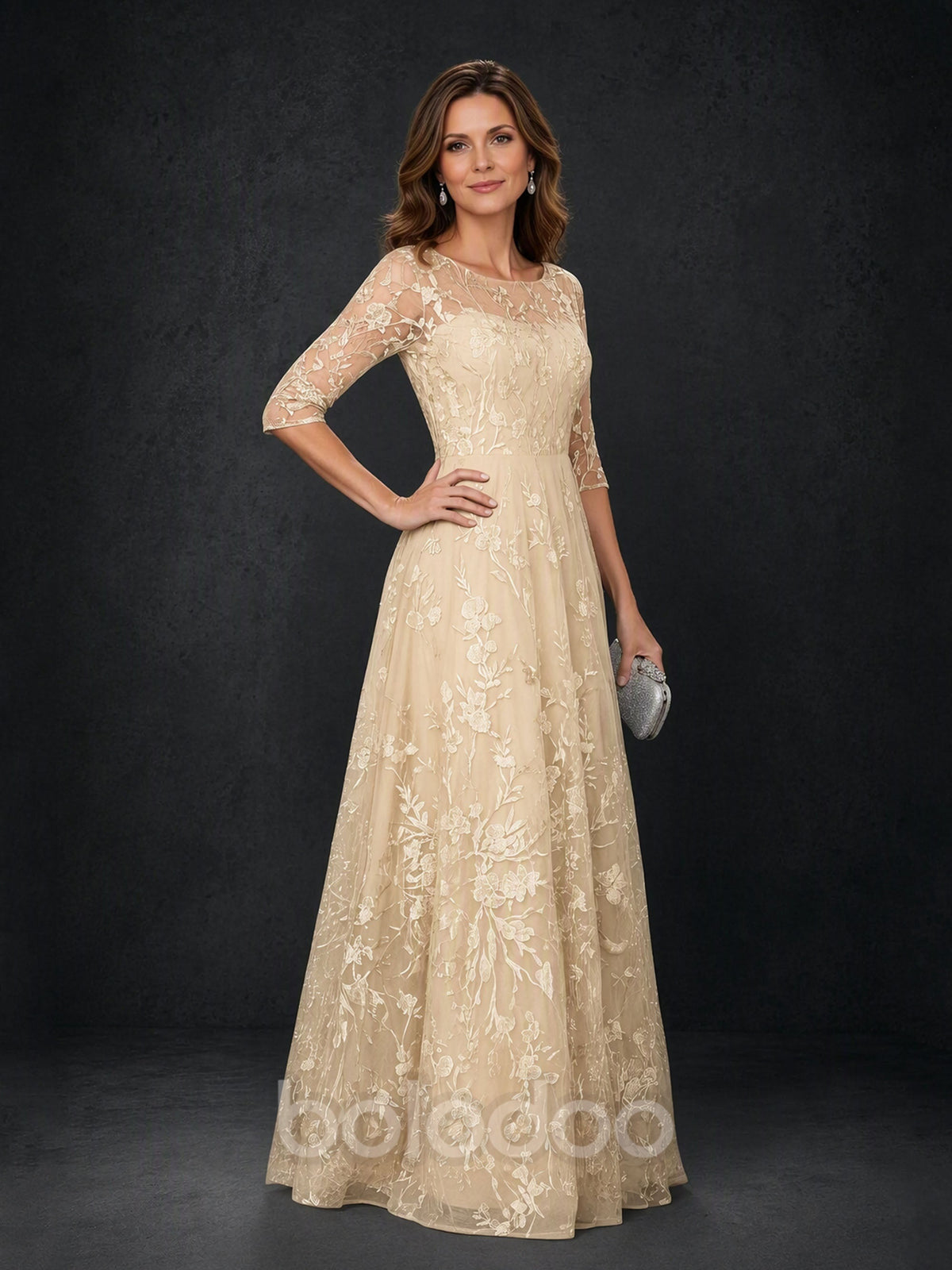 BOLODOO MX007 Champagne Gold Illusion Bateau Neck 3/4 Sleeve Floral Vine Lace A-Line Mother of the Bride Dress - Front Full Length View | BOLODOO watermark