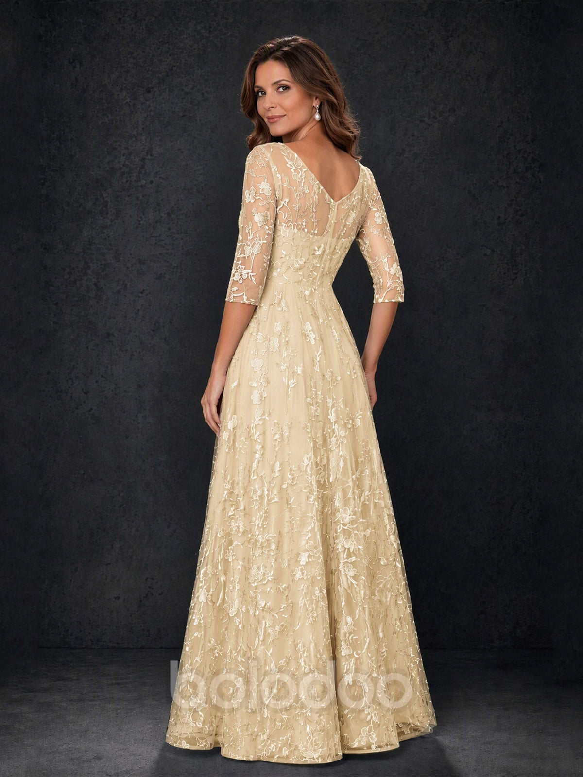 BOLODOO MX007 Champagne Gold Illusion Bateau Neck 3/4 Sleeve Floral Vine Lace A-Line Mother of the Bride Dress - Front Full Length Second Angle View | BOLODOO watermark