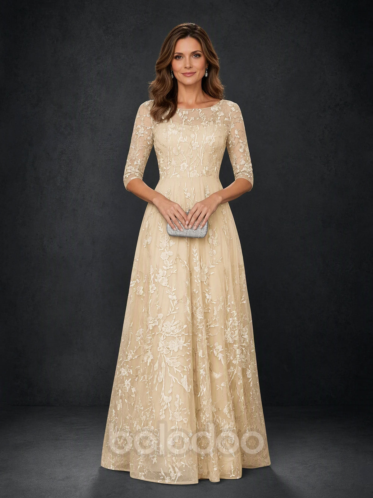 BOLODOO MX007 Champagne Gold Illusion Bateau Neck 3/4 Sleeve Floral Vine Lace A-Line Mother of the Bride Dress - Low V-Back Detail View | BOLODOO watermark