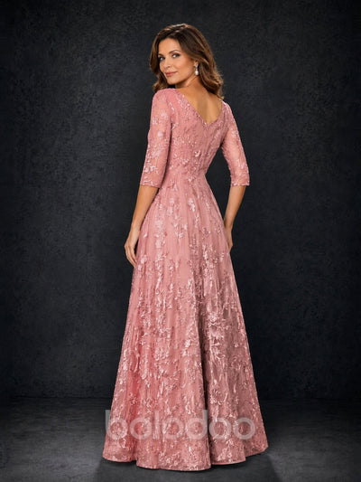 BOLODOO MX007 Dusty Rose Illusion Bateau Neck 3/4 Sleeve Floral Lace A-Line Mother of the Bride Dress - Low V-Back Detail View | BOLODOO watermark
