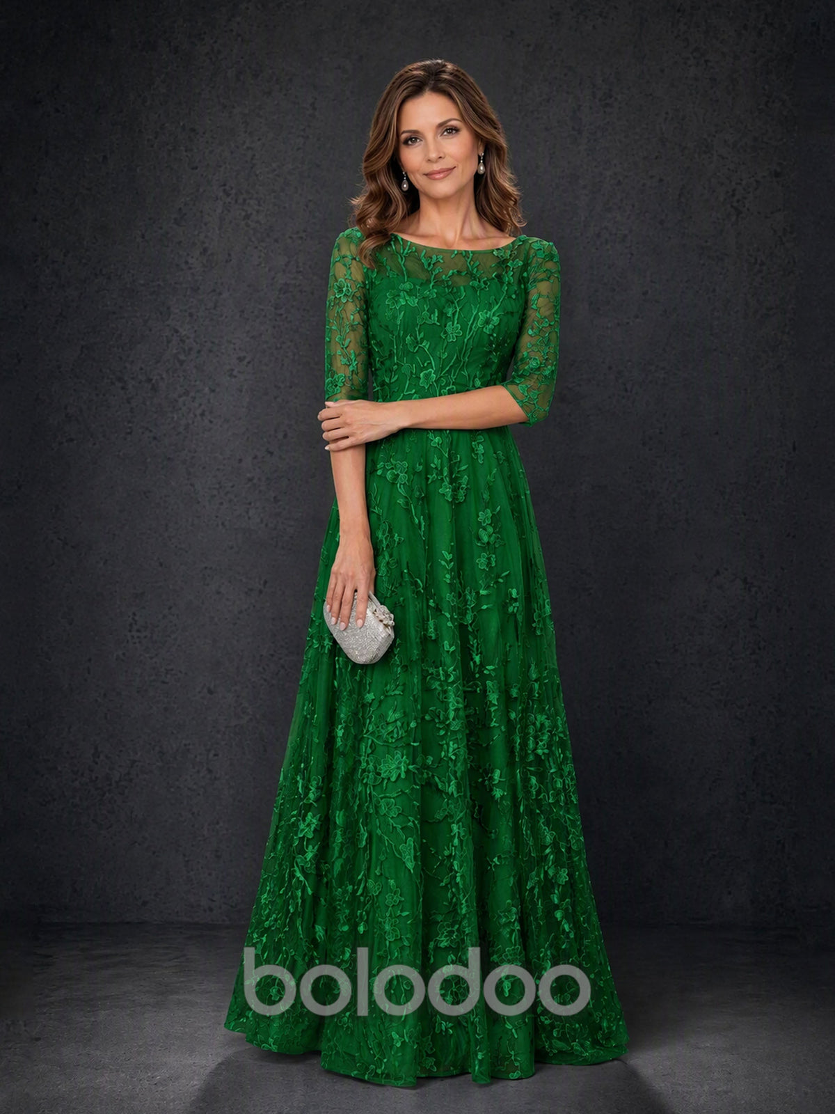 BOLODOO MX007 Emerald Green Illusion Bateau Neck 3/4 Sleeve Floral Vine Lace A-Line Mother of the Bride Dress - Front Full Length View | BOLODOO watermark