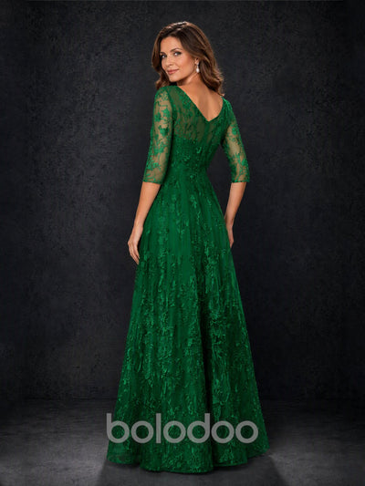 BOLODOO MX007 Emerald Green Illusion Bateau Neck 3/4 Sleeve Floral Vine Lace A-Line Mother of the Bride Dress - Front Side Angle View | BOLODOO watermark
