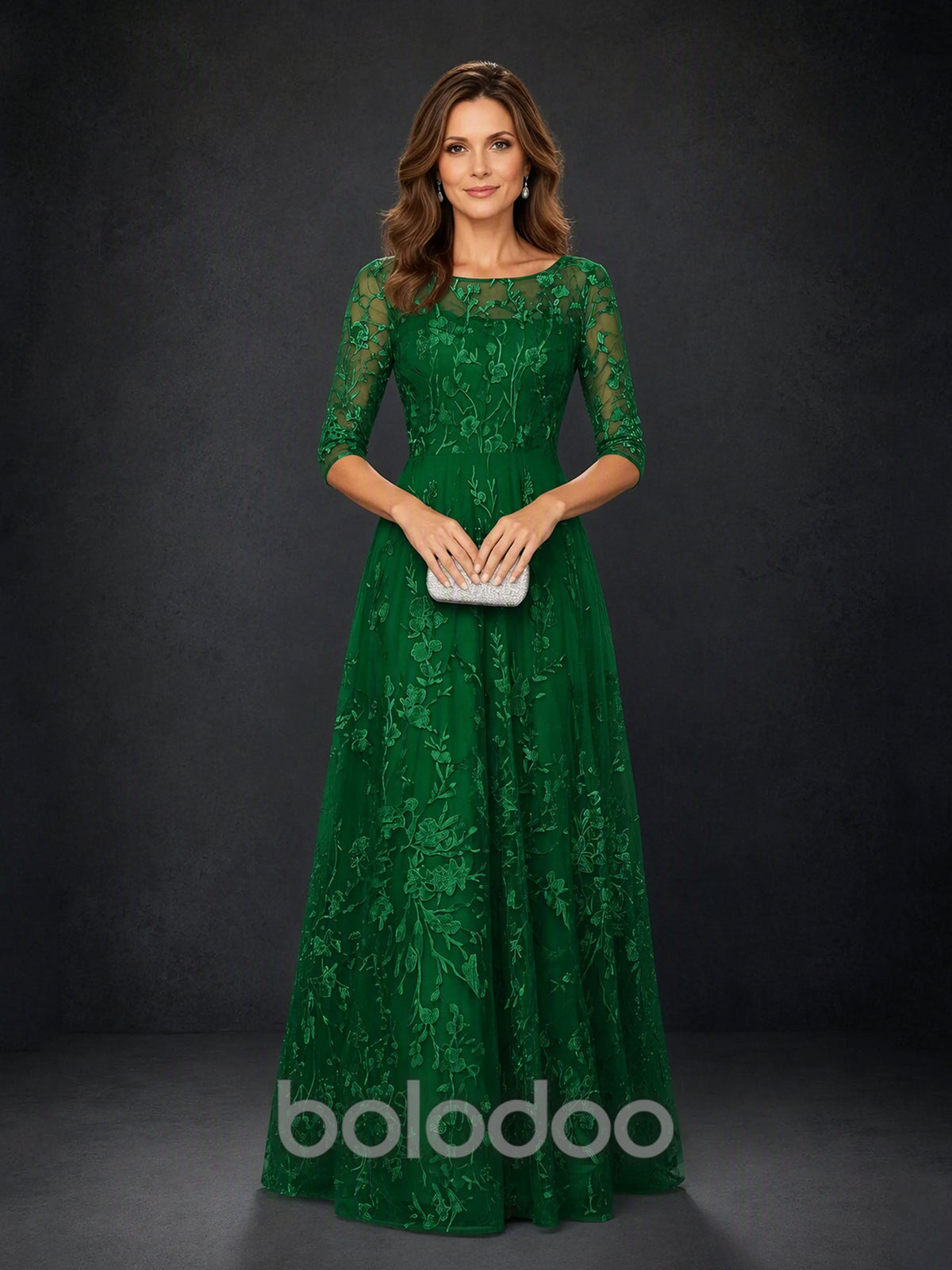 BOLODOO MX007 Emerald Green Illusion Bateau Neck 3/4 Sleeve Floral Vine Lace A-Line Mother of the Bride Dress - Low V-Back Detail View | BOLODOO watermark