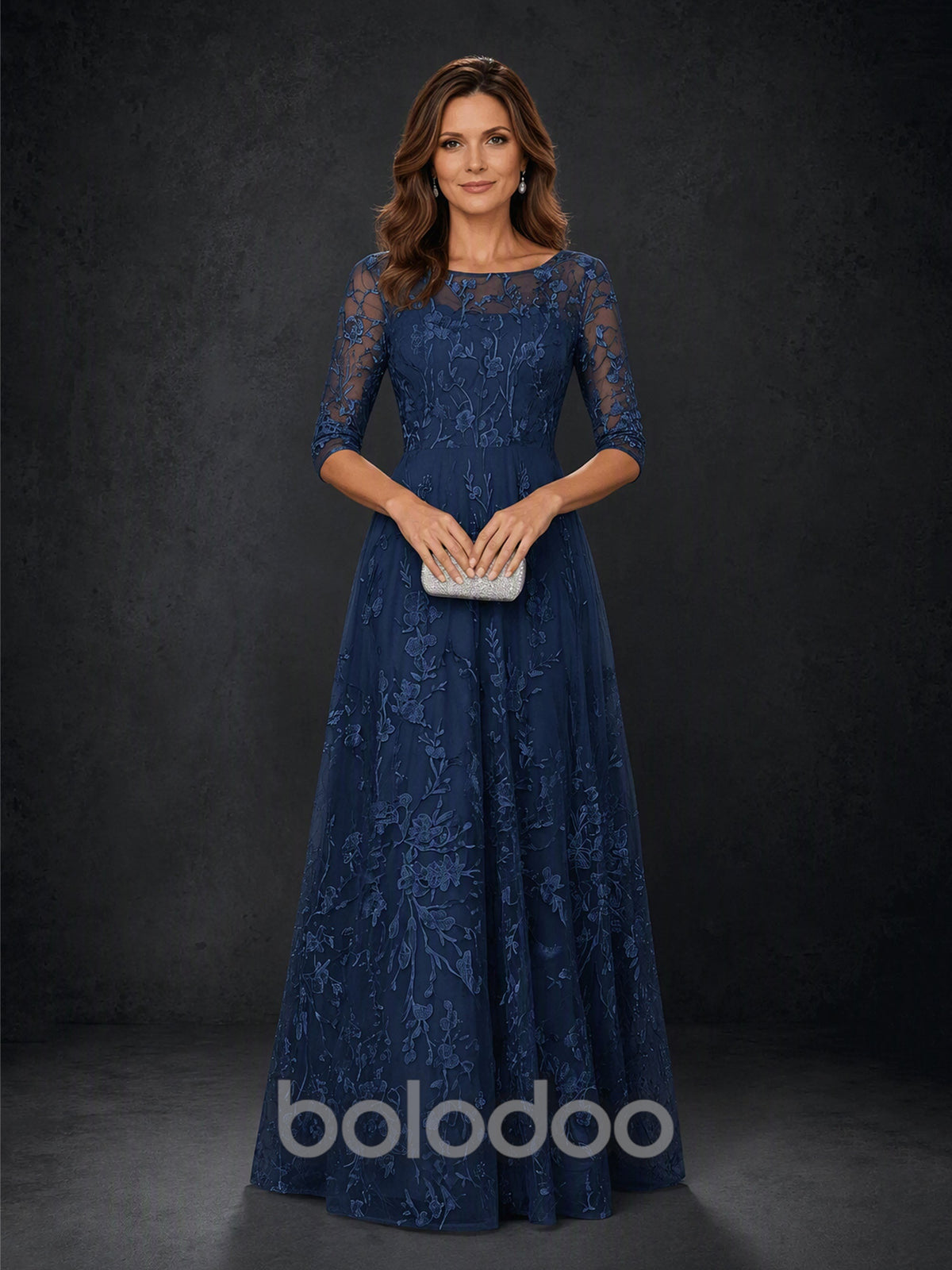 BOLODOO MX007 Navy Blue Illusion Bateau Neck 3/4 Sleeve Floral Vine Lace A-Line Mother of the Bride Dress - Front Side Full Length View | BOLODOO watermark