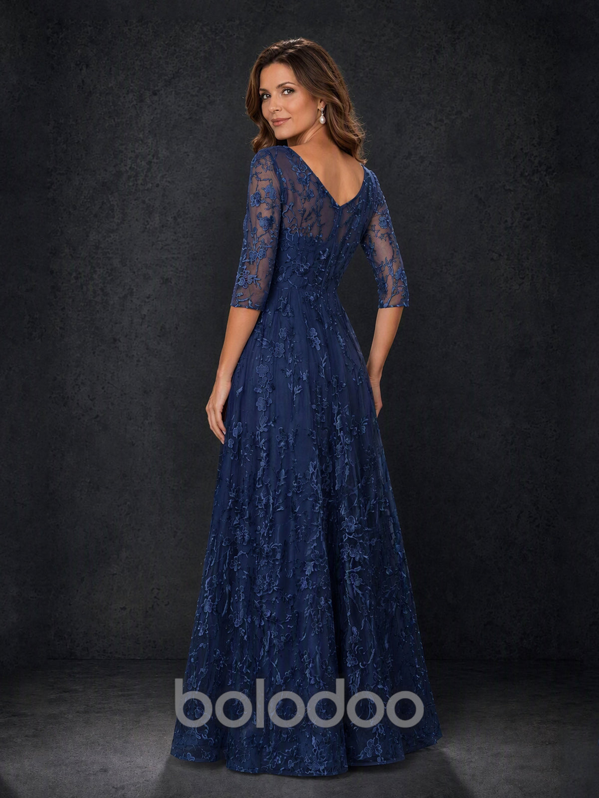 BOLODOO MX007 Navy Blue Illusion Bateau Neck 3/4 Sleeve Floral Vine Lace A-Line Mother of the Bride Dress - Front Full Length View | BOLODOO watermark