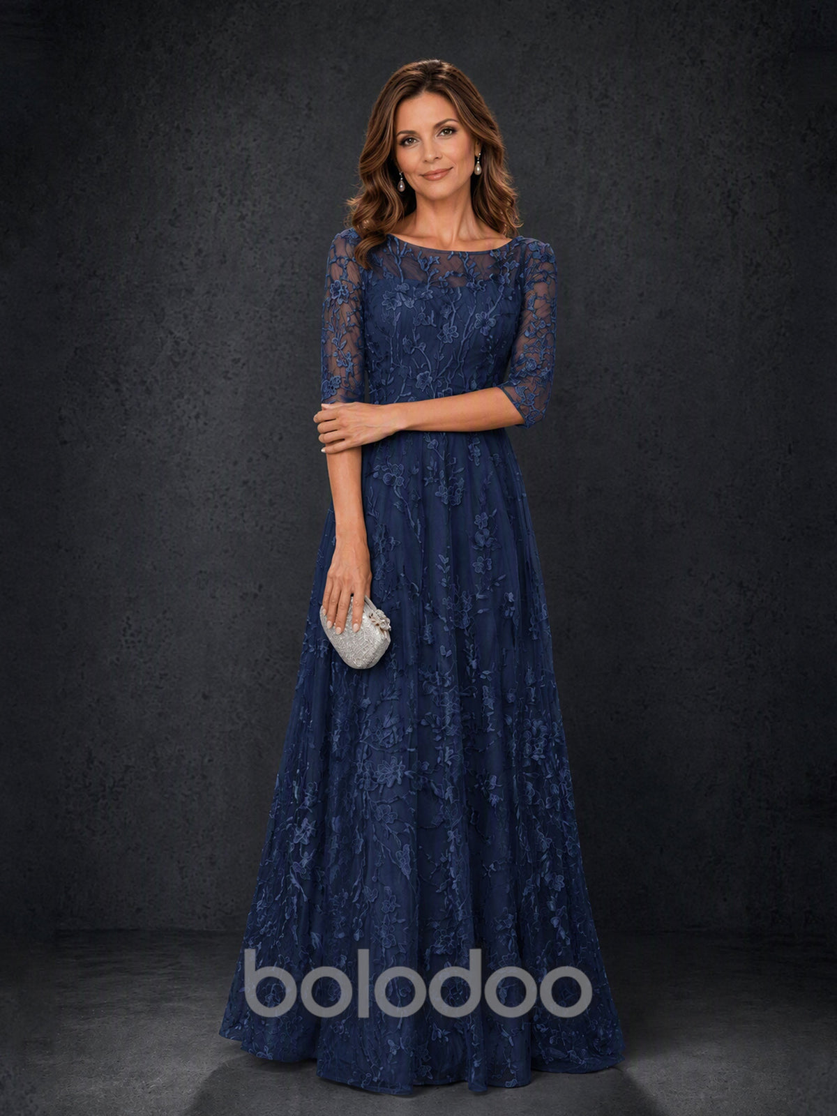 BOLODOO MX007 Navy Blue Illusion Bateau Neck 3/4 Sleeve Floral Vine Lace A-Line Mother of the Bride Dress - Front Full Length Third Angle View | BOLODOO watermark