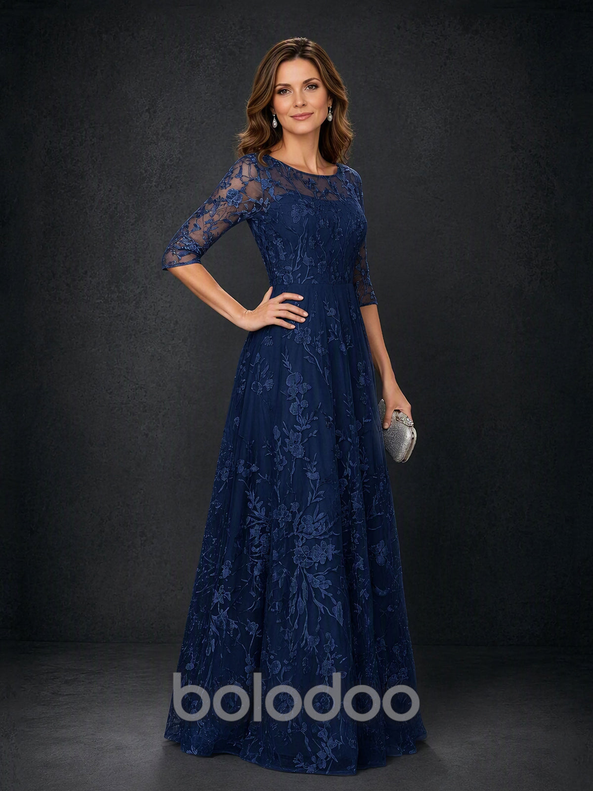 BOLODOO MX007 Navy Blue Illusion Bateau Neck 3/4 Sleeve Floral Vine Lace A-Line Mother of the Bride Dress - Low V-Back Detail View | BOLODOO watermark