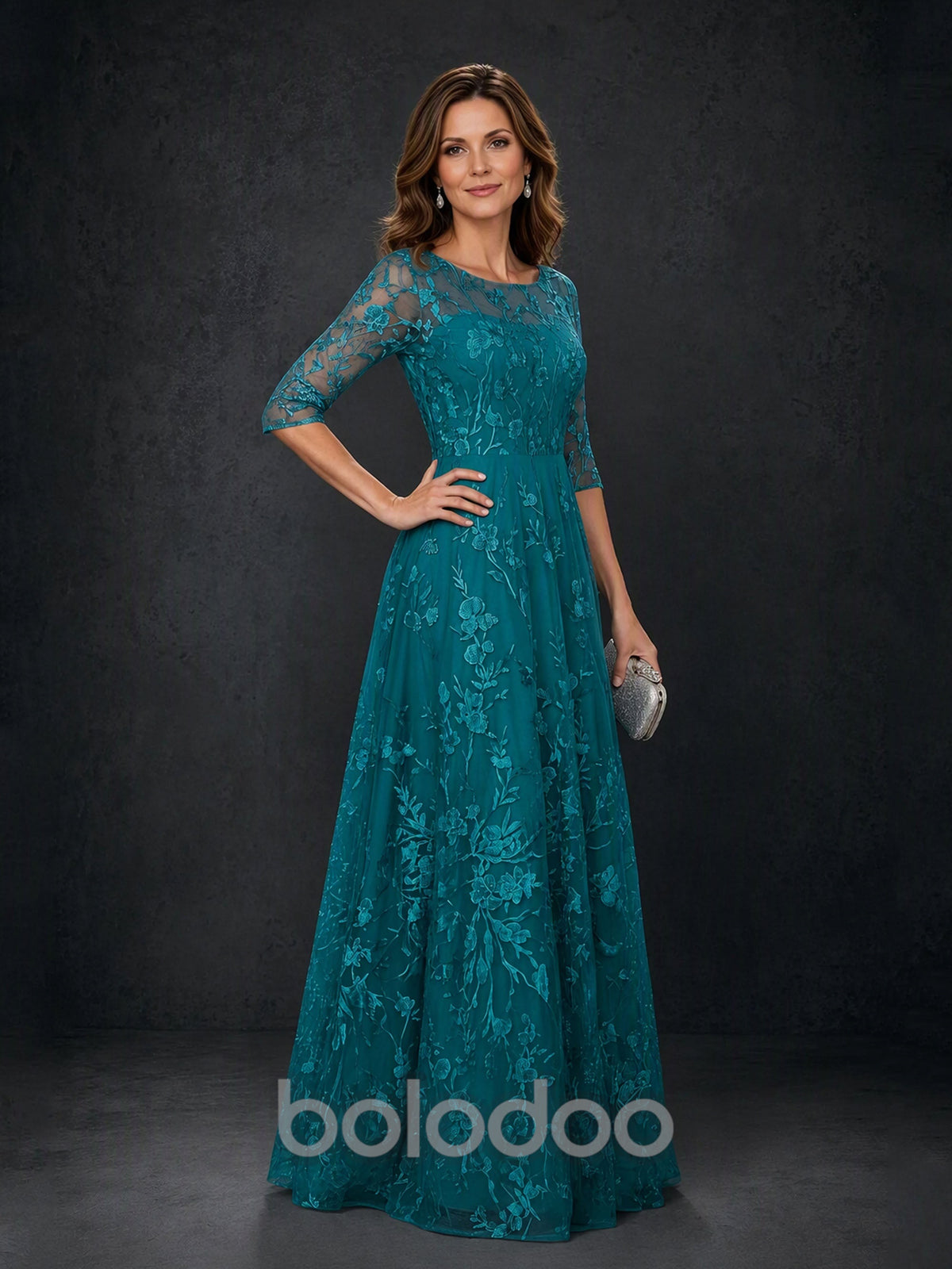 BOLODOO MX007 Teal Illusion Bateau Neck 3/4 Sleeve Floral Vine Lace A-Line Mother of the Bride Dress - Front Full Length Second Angle View | BOLODOO watermark