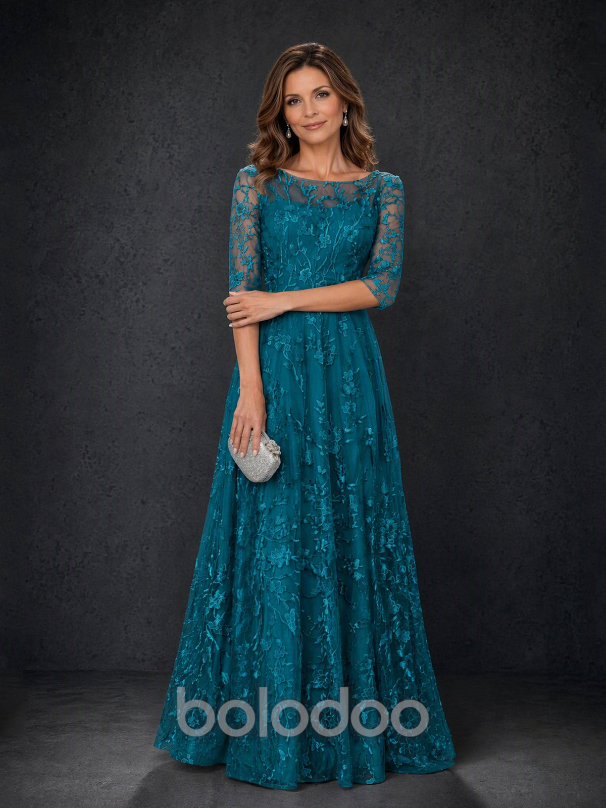 BOLODOO MX007 Teal Illusion Bateau Neck 3/4 Sleeve Floral Vine Lace A-Line Mother of the Bride Dress - Front Side Angle View | BOLODOO watermark