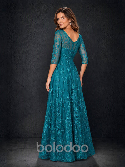 BOLODOO MX007 Teal Illusion Bateau Neck 3/4 Sleeve Floral Vine Lace A-Line Mother of the Bride Dress - Front Full Length Fourth Angle View | BOLODOO watermark
