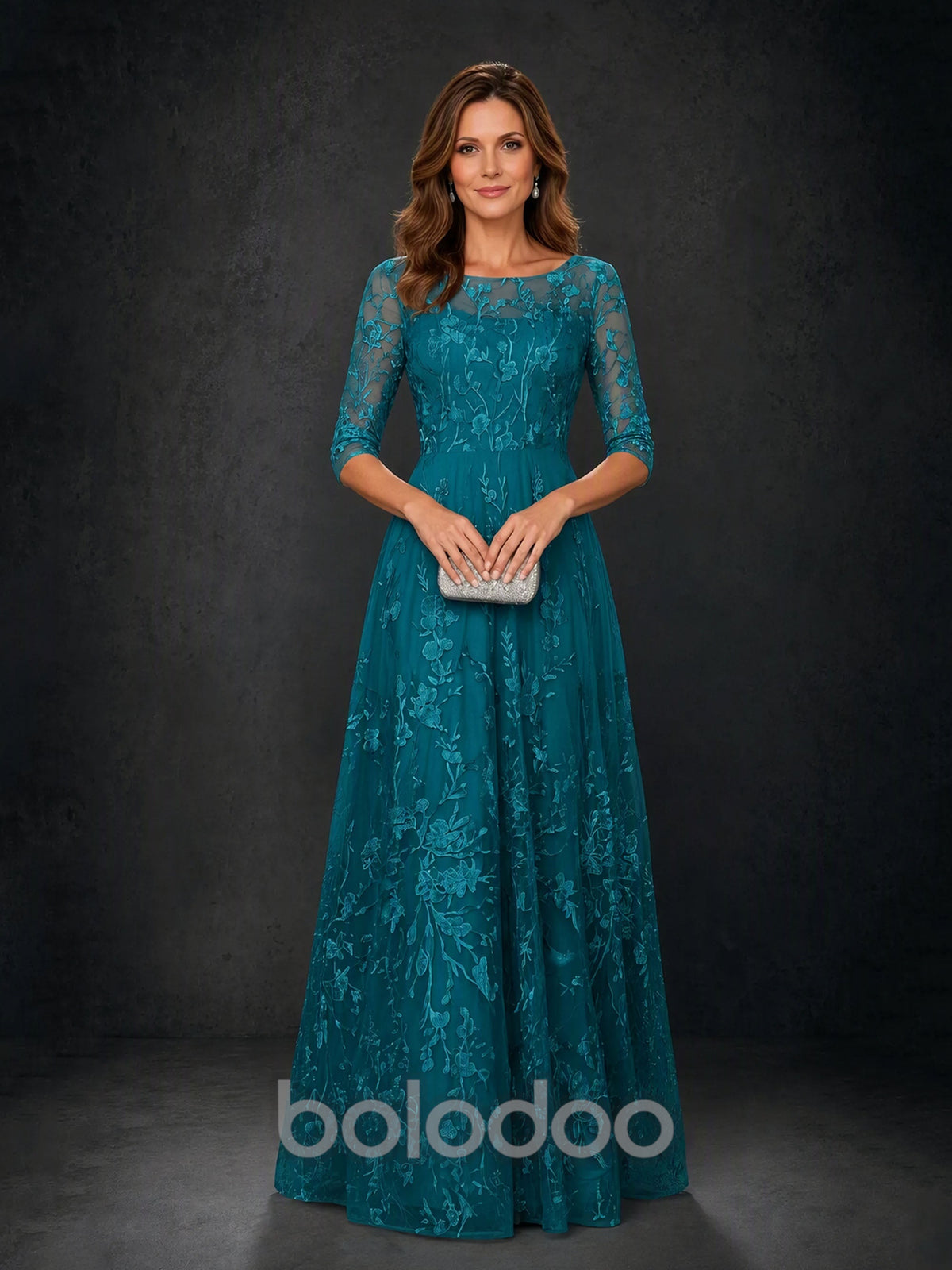 BOLODOO MX007 Teal Illusion Bateau Neck 3/4 Sleeve Floral Vine Lace A-Line Mother of the Bride Dress - Low V-Back Detail View | BOLODOO watermark