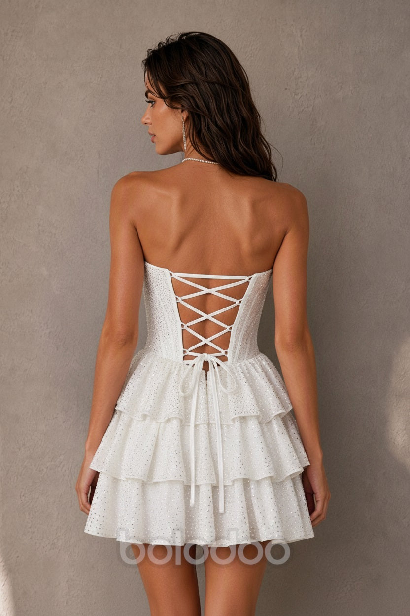BOLODOO White Rhinestone Strapless Sweetheart Corset Tiered Ruffle Lace-Up Back Homecoming Mini Dress – Back Lace-Up Detail | BOLODOO watermark