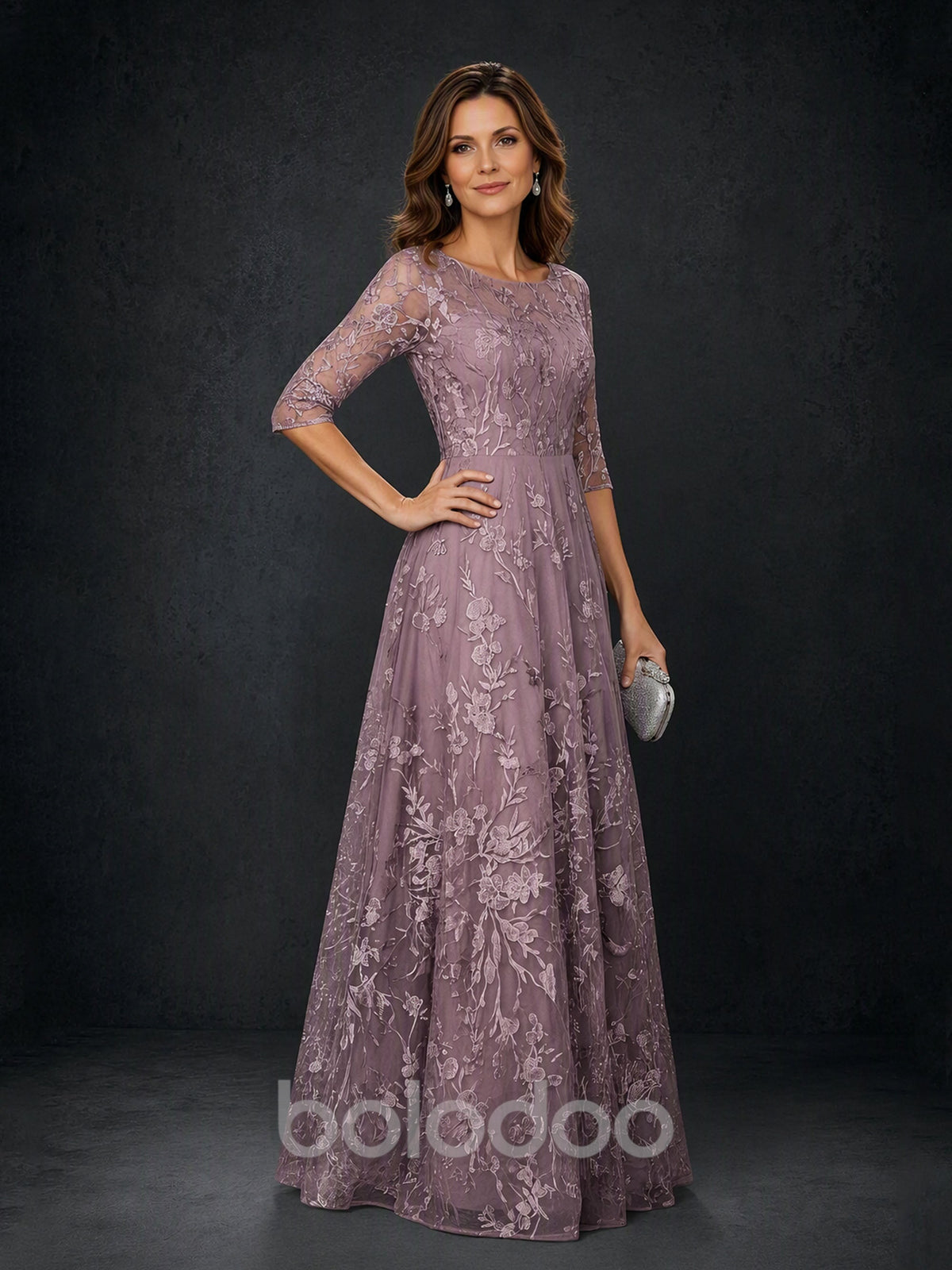 BOLODOO MX007 Wisteria Illusion Bateau Neck 3/4 Sleeve Floral Lace A-Line Mother of the Bride Dress - Front Full Length Third Angle View | BOLODOO watermark