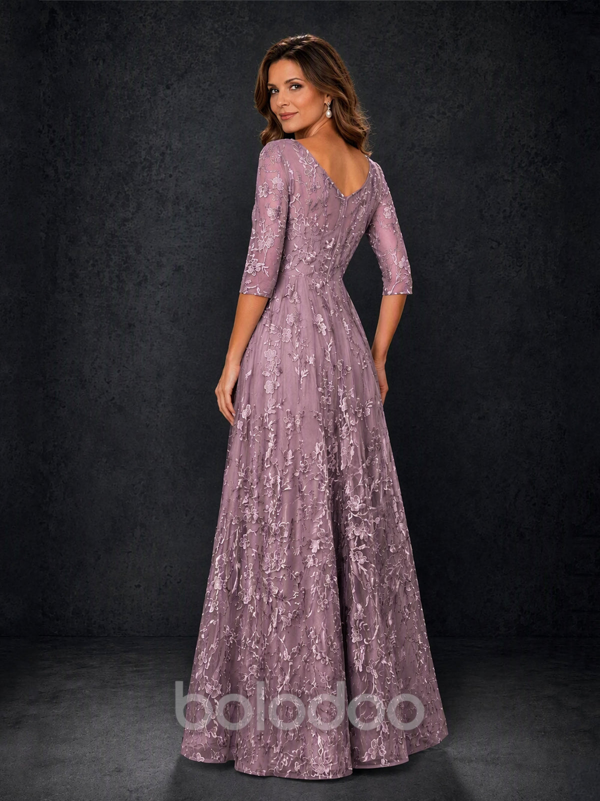 BOLODOO MX007 Wisteria Illusion Bateau Neck 3/4 Sleeve Floral Lace A-Line Mother of the Bride Dress - Front Full Length Fourth Angle View | BOLODOO watermark
