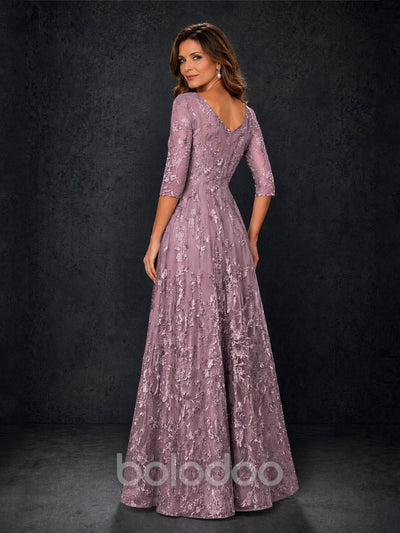 BOLODOO MX007 Wisteria Illusion Bateau Neck 3/4 Sleeve Floral Lace A-Line Mother of the Bride Dress - Front Full Length Fourth Angle View | BOLODOO watermark