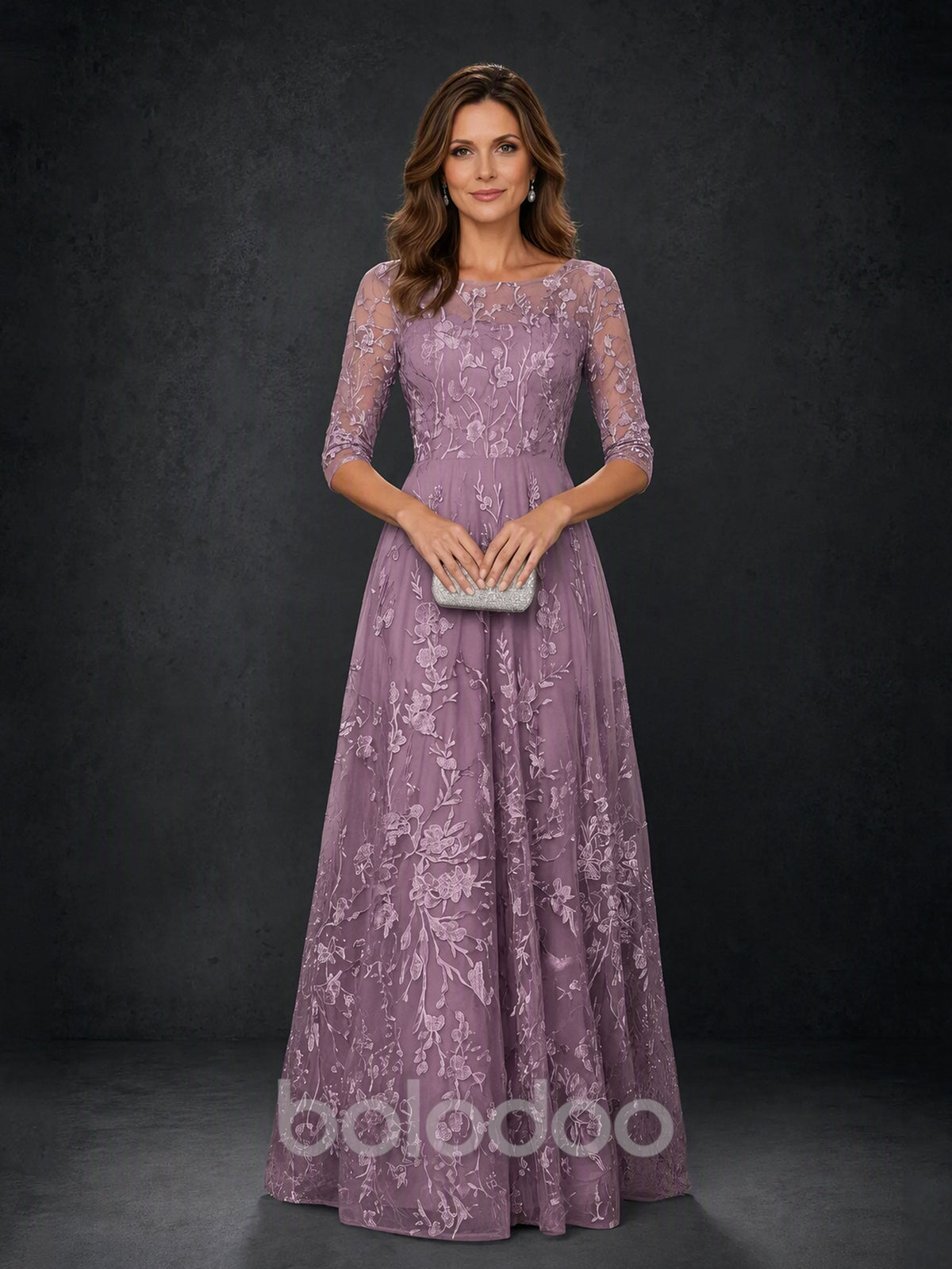 BOLODOO MX007 Wisteria Illusion Bateau Neck 3/4 Sleeve Floral Lace A-Line Mother of the Bride Dress - Low V-Back Detail View | BOLODOO watermark