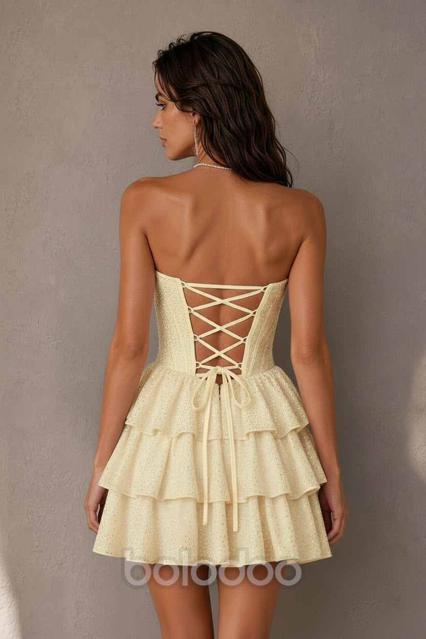 BOLODOO Light Yellow Rhinestone Corset Tiered Ruffle Lace-Up Back Mini Dress - Back | BOLODOO watermark
