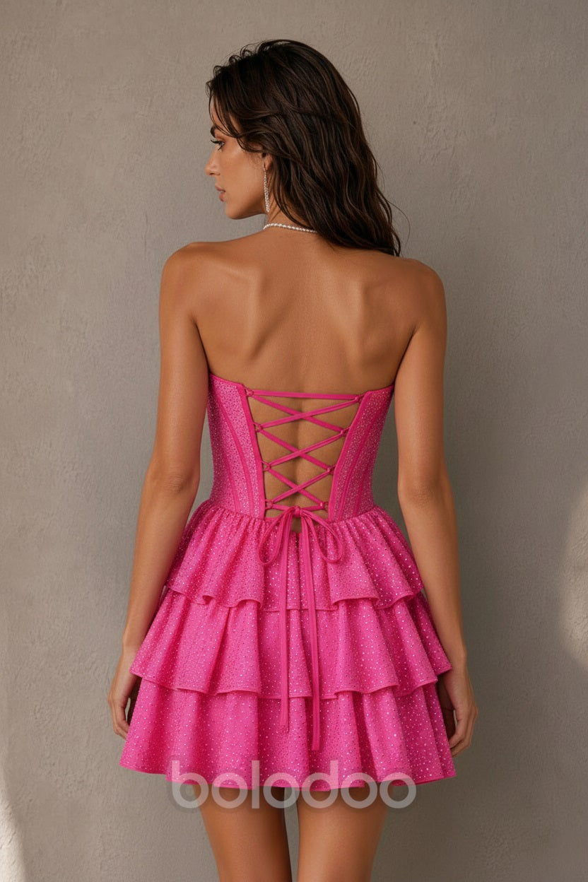 BOLODOO Hot Pink Rhinestone Corset Tiered Ruffle Lace-Up Back Mini Dress - Back | BOLODOO watermark